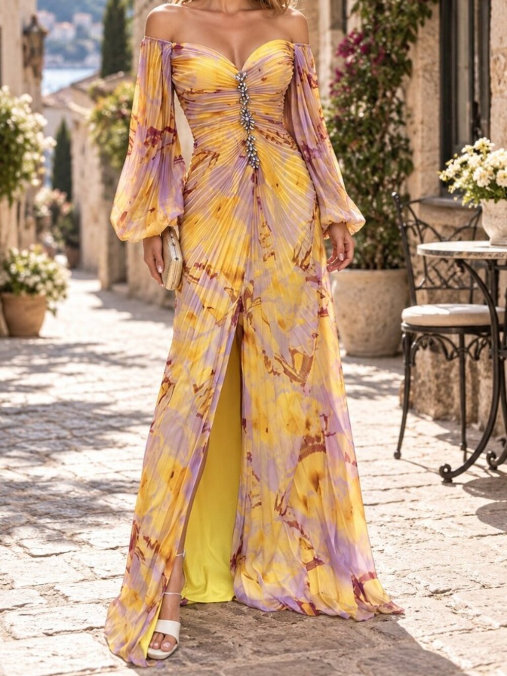 Yellow Boho Women's Off-Shoulder Split Maxi Dress